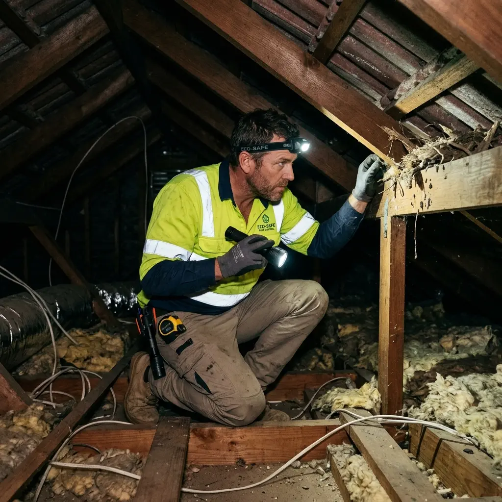 Technician inspecting a roof cavity for a dead animal in Exford