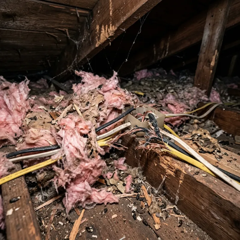 Contaminated ceiling insulation being assessed in a Exford roof space