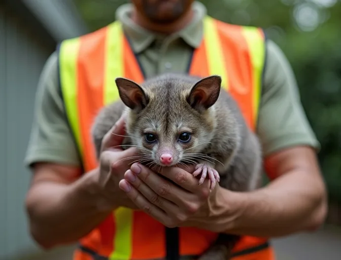 Animal handler safely recovering a deceased possum in Exford