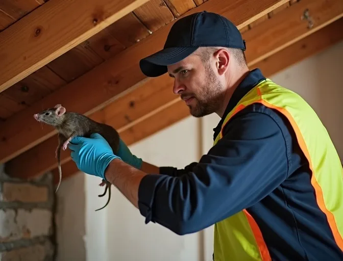 Technician inspecting a roof cavity for a dead rat in Exford